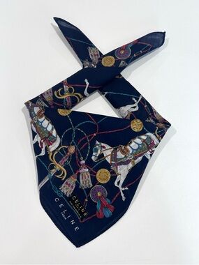 NWT WOMEN HANDKERCHIEF CELINE Blue  Equestrian Horse COTTON POCKET SQUARE 19”